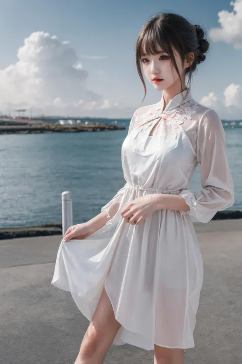 (best quality),[masterpiece],((beautiful:0.75) cute girl:0.75),(EOS R8,50mm,F1.2,8K,RAW photo:1.2),Professional,ultra-fine painting,1girl,long hair,outdoors,(front:1.3),cloud,sky,seaside background,(standing:1.3),
<lora:add_detail:0.8>, <lora:Special clothes43:0.7> Special clothes43,hair bun,china dress,
