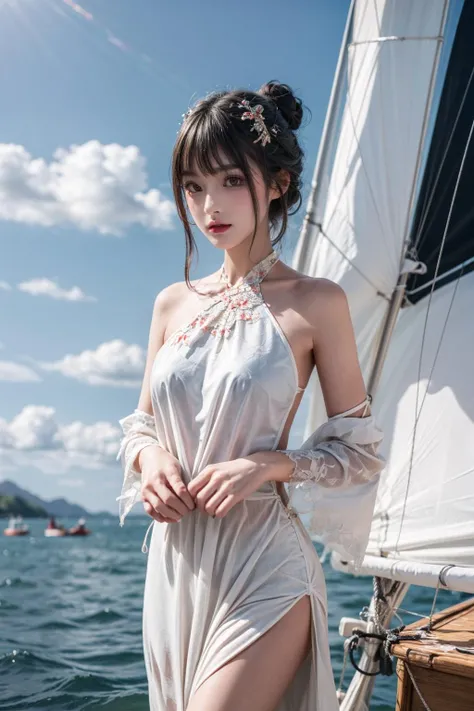 best quality,[masterpiece],((beautiful:0.75) cute girl:0.75),Professional,photo_(medium),ultra-fine painting,1girl,long hair,braid,black hair,outdoors,(front:1.3),(standing:1.3),seaside,cloudy sky,sailboat,cowboy_shot,
<lora:add_detail:1>, <lora:Special clothes43:0.7> Special clothes43,hair bun,china dress,hair ornament,