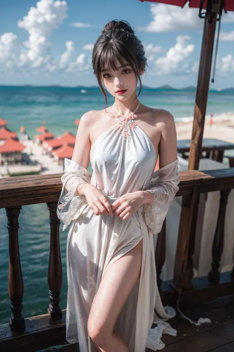 (best quality),[masterpiece],((beautiful:0.75) cute girl:0.75),(EOS R8,50mm,F1.2,8K,RAW photo:1.2),Professional,ultra-fine painting,1girl,long hair,outdoors,(front:1.3),cloud,sky,seaside background,(standing:1.3),
<lora:add_detail:0.8>, <lora:Special clothes43:0.7> Special clothes43,hair bun,china dress,hair ornament,
