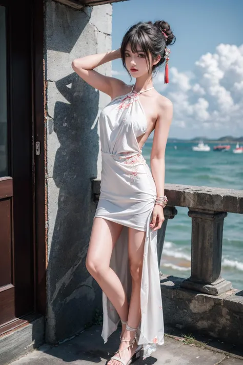 (best quality),[masterpiece],((beautiful:0.75) cute girl:0.75),(EOS R8,50mm,F1.2,8K,RAW photo:1.2),Professional,ultra-fine painting,1girl,long hair,outdoors,(front:1.3),cloud,sky,seaside background,(standing:1.3),
<lora:add_detail:0.8>, <lora:Special clothes43:0.7> Special clothes43,hair bun,china dress,hair ornament,