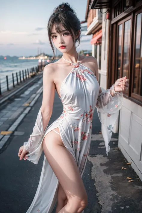 (best quality),[masterpiece],((beautiful:0.75) cute girl:0.75),(EOS R8,50mm,F1.2,8K,RAW photo:1.2),Professional,ultra-fine painting,1girl,long hair,outdoors,(front:1.3),cloud,sky,seaside background,(standing:1.3),
<lora:add_detail:0.8>, <lora:Special clothes43:0.7> Special clothes43,hair bun,china dress,