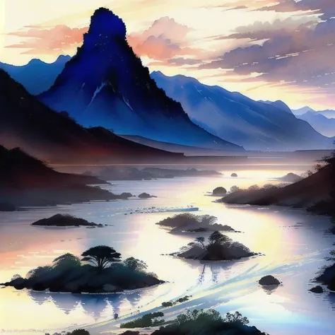 beautiful Chinese Landscape Art, best detail, intricate, water colors, complexed landforms, <lora:Skyline I:1>