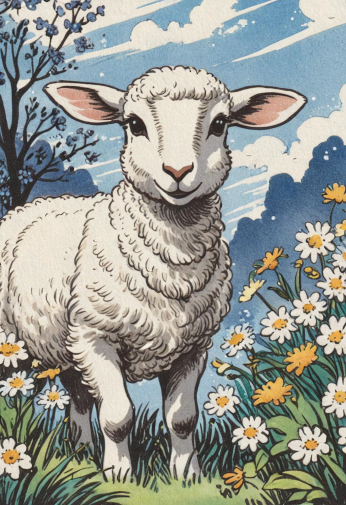 ethereal fantasy concept art of Inkdrawing, by Kr355e, cute cartoon character, lamb enjoying springtime flowers, (((masterpiece))),(best quality), <lora:SDXL_Inkdrawing_Directors_Cut_E:0.8> . magnificent, celestial, ethereal, painterly, epic, majestic, magical, fantasy art, cover art, dreamy
