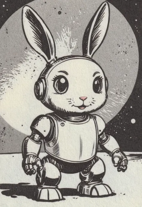 Inkdrawing, by Kr355e,  illustration of a cute cartoon character, a clever robot bunny ,  space on the background,  (((masterpiece))), (best quality),  detailed  ,    <lora:SDXL_Inkdrawing_Directors_Cut_E:0.8>