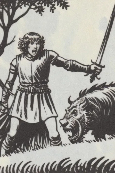 <lora:SDXL_Inkdrawing_Directors_Cut_E> inkdrawing of a medieval knight (fighting the beast:1.3), by the dark forest,by Kr355e, Albrecht Dürer <lora:!action-sdxl-V0.5:1.4> in a zdyna_pose, dutch angle, from below,( low camera angle actions scene:1.4), foreshortening,