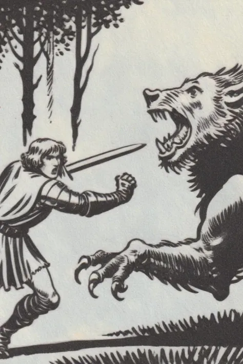 <lora:SDXL_Inkdrawing_Directors_Cut_E> inkdrawing of a medieval knight (fighting the beast:1.3), by the dark forest,by Kr355e, Albrecht Dürer <lora:!action-sdxl-V0.5:1.4> in a zdyna_pose, dutch angle, from below,( low camera angle actions scene:1.4), foreshortening,