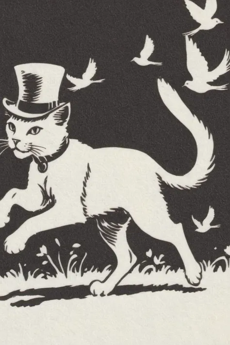<lora:SDXL_Inkdrawing_Directors_Cut_E> Inkdrawing of a cat with a hat, chasing birds,by Kr355e