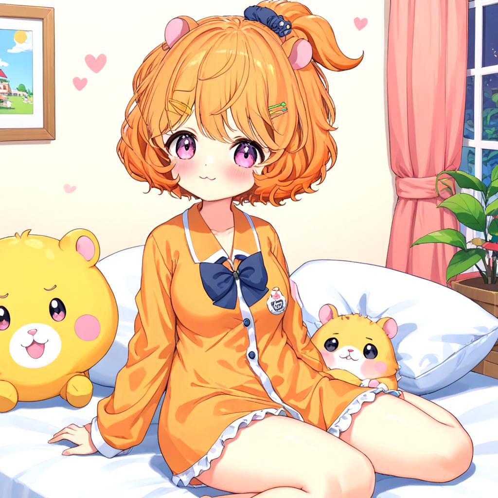 Anime girl sitting on bed with two stuffed animals - SeaArt AI