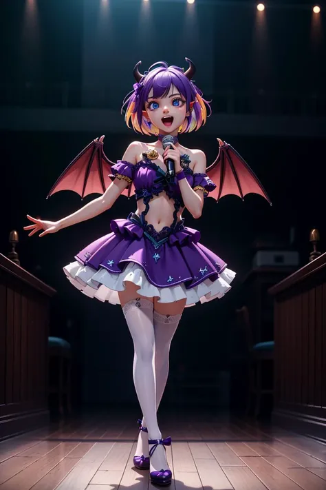 Hyperrealistic, Masterpiece, Volumetric Lighting, Subsurface Scattering, Photorealistic, volumetric lighting, best quality, intricate details, tonemapping, sharp focus, hyper detailed, absurdres, highres, <lora:MairimashitaIrumaKun_CrocellKerori:0.8> , solo, extremely fine full body professional photograph of Crocell Kerori, BREAK, smile, open mouth, teeth, multicolored hair, purple hair, short hair, blue eyes, horns, pointy ears, BREAK, KuromuDress, bow, (navel cutout:1.2), bare shoulders, (demon wings:1.2), white thighhighs, standing, singing, holding microphone, BREAK, looking at viewer, BREAK, (indoors, night time, night, music, idol), BREAK, (Ethereal beauty, concert stage, fantasy concert stage, otherworldly hues), BREAK, (masterpiece:1.2), best quality, high resolution, unity 8k wallpaper, (illustration:0.8), (beautiful detailed eyes:1.6), extremely detailed face, perfect lighting, extremely detailed CG, (perfect hands, perfect anatomy),