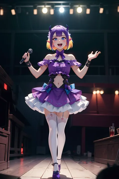 Hyperrealistic, Masterpiece, Volumetric Lighting, Subsurface Scattering, Photorealistic, volumetric lighting, best quality, intricate details, tonemapping, sharp focus, hyper detailed, absurdres, highres, <lora:MairimashitaIrumaKun_CrocellKerori:0.8> , solo, extremely fine full body professional photograph of  Crocell Kerori,  BREAK, smile, open mouth, teeth, multicolored hair, purple hair, short hair, blue eyes, horns, pointy ears, BREAK, KuromuDress, bow, (navel cutout:1.2), bare shoulders, demon wings, white thighhighs, standing, singing, holding microphone, BREAK,  looking at viewer, BREAK, (indoors, night time, night, music, idol), BREAK, (Ethereal beauty, concert stage, fantasy concert stage, otherworldly hues), BREAK, (masterpiece:1.2), best quality, high resolution, unity 8k wallpaper, (illustration:0.8), (beautiful detailed eyes:1.6), extremely detailed face, perfect lighting, extremely detailed CG, (perfect hands, perfect anatomy),