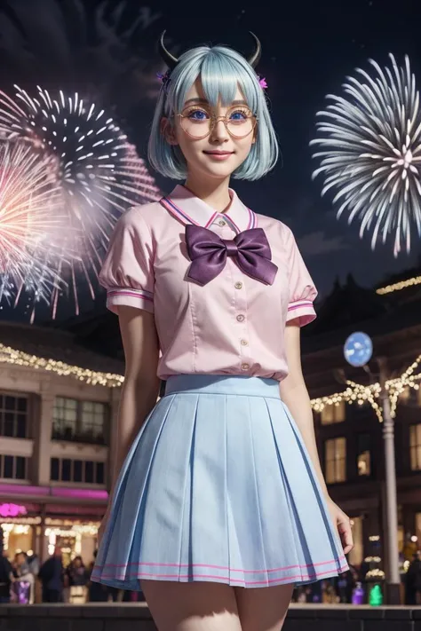 Unreal Engine 5, Concept Art, Hyper realism, Hyperdetailed, Vibrant Colors, Trending on Artstation, Raytraced, Dynamic Lights and Shadows, Depth, Masterpiece, Award Winning, Intricate Detail, Design, 8k,  solo, <lora:MairimashitaIrumaKun_CrocellKerori:0.8>, Crocell Kerori, smile, closed mouth, light blush, happy, light blue hair, short hair, blue eyes, horns, round eyewear, colored eyelashes, KeroriSchoolUniform, school uniform, serafuku, pink skirt, bow, standing, BREAK, (outdoors, night time, night, New Years, New Years decorations:1.5), BREAK, (fantasy market square, New Years Party, otherworldly hues),  BREAK, looking at viewer, BREAK, (beautiful detailed eyes:1.6), extremely detailed face,  (perfect hands),