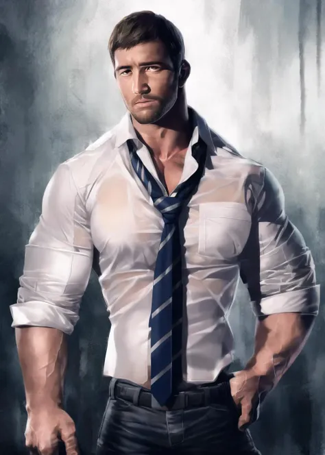 masterpiece, best quality, highres, absurdres, (realistic:1.2), resident evil, chris redfield, 1boy, bara, beard, black hair, collared shirt, covered nipples, facial hair, large pectorals, male focus, muscular, muscular male, necktie, partially unbuttoned, pectorals, see-through, shirt, short hair, solo, upper body, white shirt