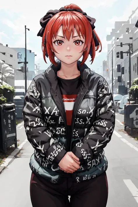 masterpiece, best quality, <lora:minorirokujou-maken-ki-richy-v1:0.8>, rokujou minori, <lora:attire_dripmeme-10:0.8> dripjacket, own hands together,