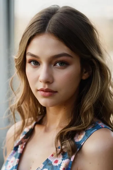 <lora:g1g1h4d1d:0.9>, a Realistic photo of g1g1h4d1d woman, long hair, looking at viewer, (((blonde hair))), upper body, lips, see-through, makeup, wavy hair, floral print, realistic, soft lighting, professional Photography, Photorealistic, detailed eyes, RAW, analog, sharp focus, 8k, HD, DSLR, high quality, Fujifilm XT3, film grain, award winning, masterpiece