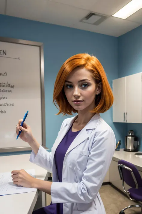 annpossible, short orange hair, blue eyes, white labcoat, purple dress, looking at viewer, serious, smirk, sitting, counter,writing, laboratory, whiteboard, bright lighting, high quality, masterpiece, <lora:annpossible:.8>