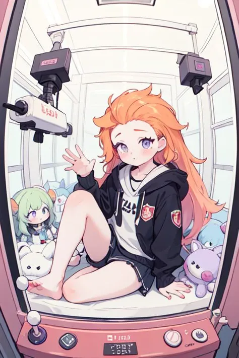 masterpiece,best quality,zoe \(lol\), 1girl,long hair,blue and purple  eyes,(multicolored hair:0.7),[ pink hair: orange hair:0.2],
, clawmachine, plushies, joystick, glass,stuffed toy,