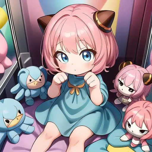 masterpiece, best quality, absurdres, ultra detail,<lora:GoodHands-vanilla:0.8> <lora:anmnr01:0.3> <lora:add_detail:0.5>, nendoroid, small girl,Anya,chibi,petite, short hair,<lora:clawmachine:0.7>,clawmachine,many plushies, plush, many toys, goodies, joystick, <lora:lcz_spy_family_anya_v3:0.7>