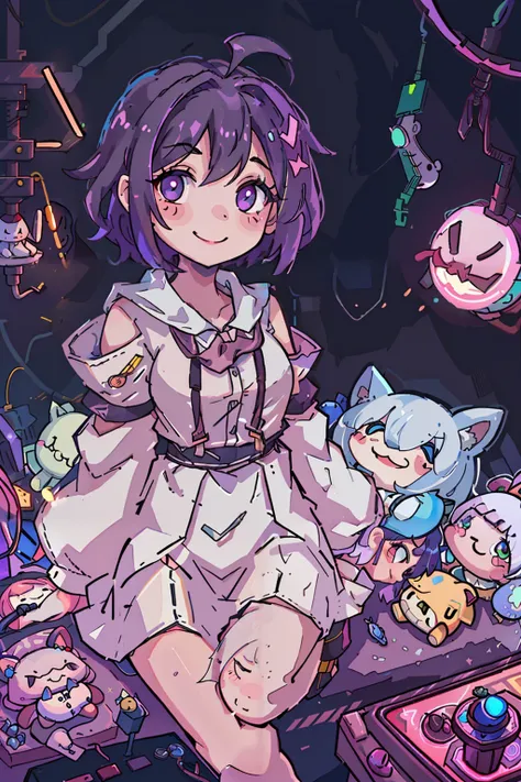 (best quality, high quality:1.4), best illustration, ultra detailed, volumetric lighting, best shadow, solo, sharp focus, lowkey, neon lights, smile, plushies, plush, toys, goodies, joystick, 1girl inside clawmachine