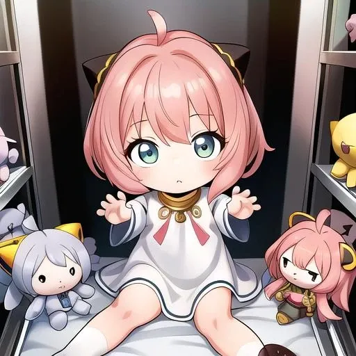 masterpiece, best quality, absurdres, ultra detail,<lora:GoodHands-vanilla:0.8> <lora:anmnr01:0.3> <lora:add_detail:0.5>, nendoroid, small girl,Anya,chibi,petite, short hair,<lora:clawmachine:0.7>,clawmachine,plushies, plush, toys, goodies, joystick, <lora:lcz_spy_family_anya_v3:0.7>