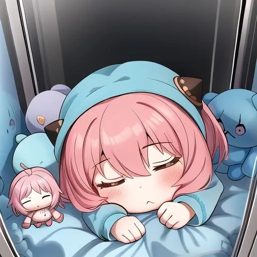 masterpiece, best quality, absurdres, ultra detail,<lora:GoodHands-vanilla:0.8> <lora:anmnr01:0.3> <lora:add_detail:0.5>, nendoroid, small girl,Anya,chibi,petite, short hair,sleeping,<lora:clawmachine:0.7>,clawmachine,lot of plushies, plush, goodies, joystick, <lora:lcz_spy_family_anya_v3:0.7>