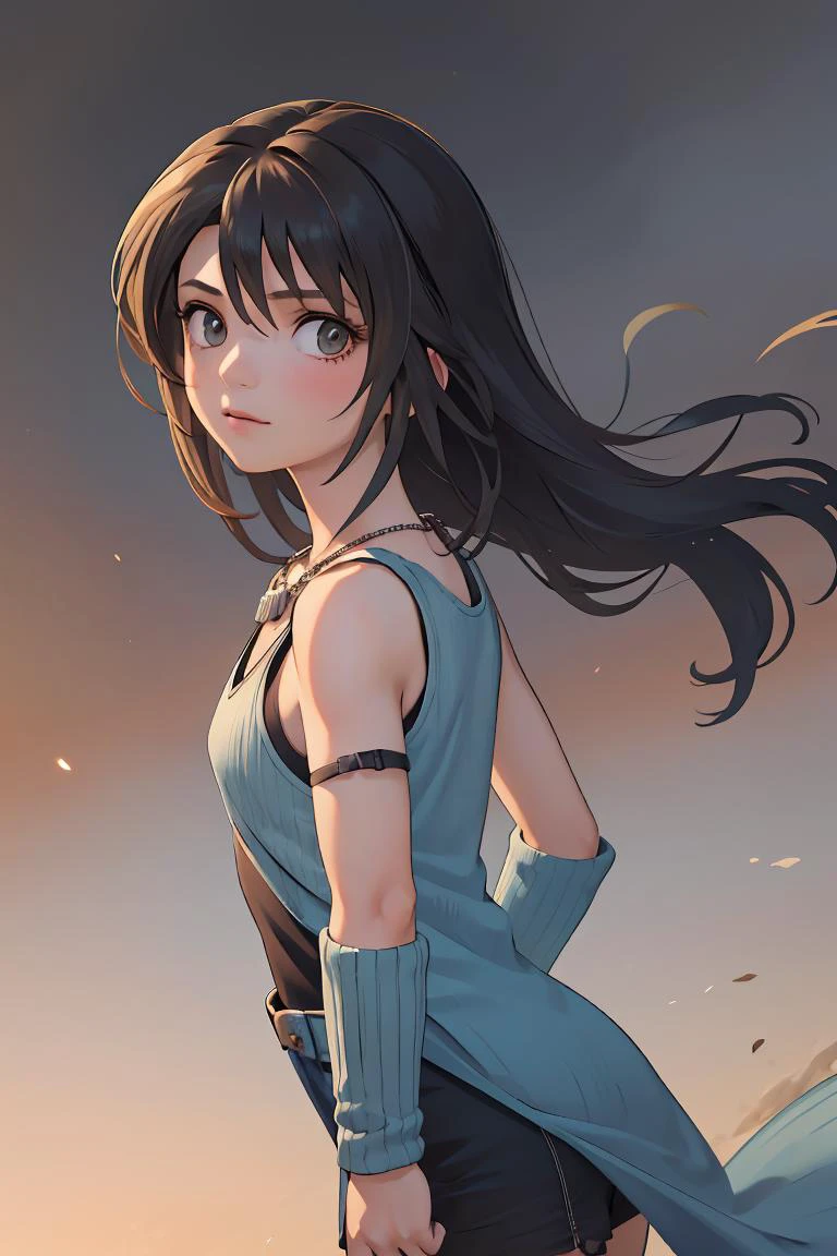 (masterpiece, best quality), 1girl, <lora:ffviii_heartilly:1> rinoa heartilly, sweater, sleeveless, arm warmers, necklace