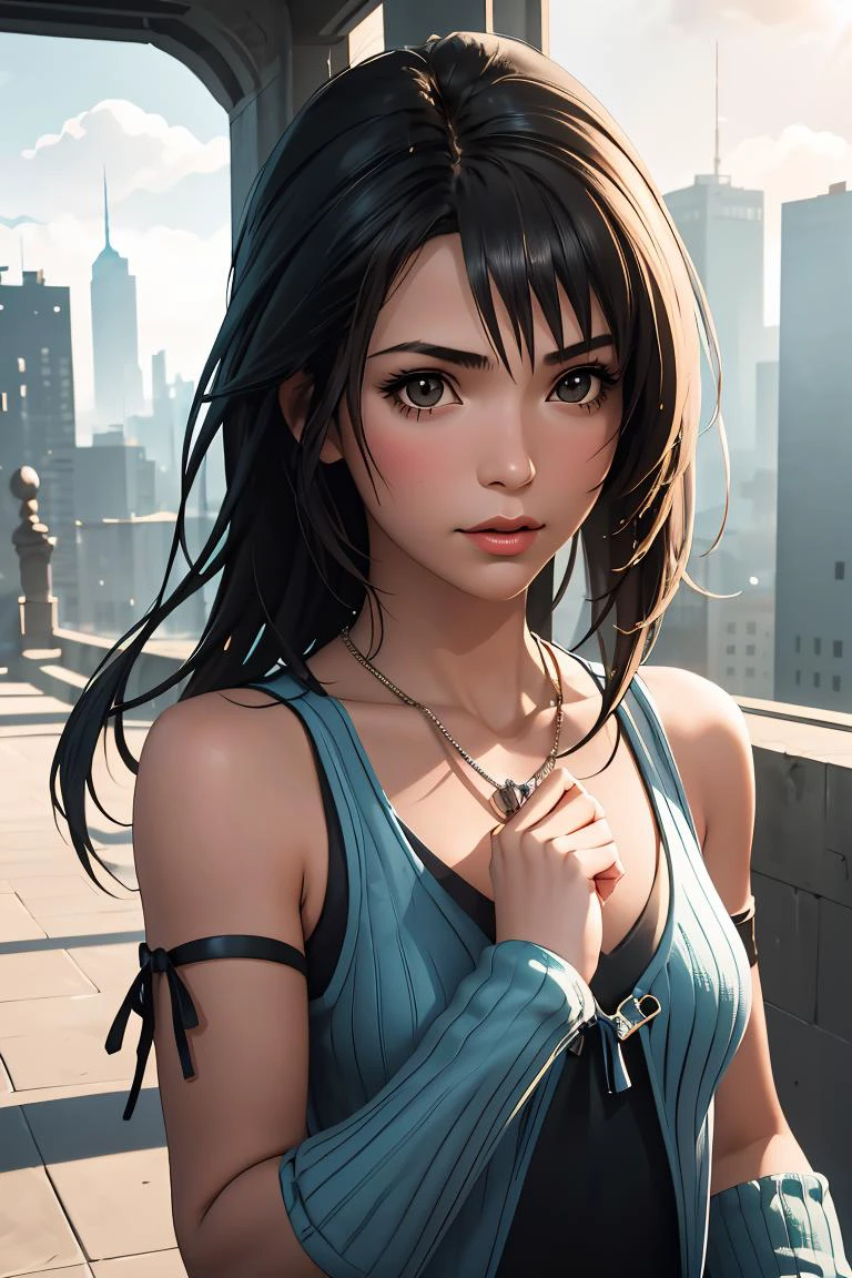 (masterpiece, best quality), 1girl, <lora:ffviii_heartilly:1> rinoa heartilly, sweater, sleeveless, arm warmers, necklace