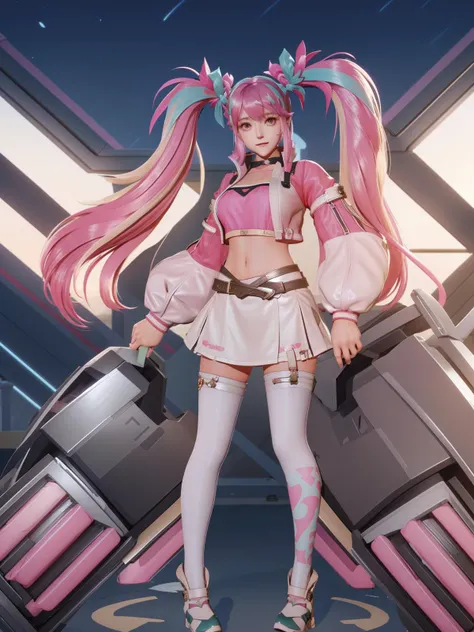 twintails, hair ornament, crop top,cityscape, night, standing, looking at viewer, long sleeves, puffy sleeves, choker, multicolored hair, jacket, navel,belt, thighhighs, long hair, skirt, standing, sitting,chair,bedroom, <lora:SUNSHANGXIANGchenwenXY_20230713232058-000015:0.8>