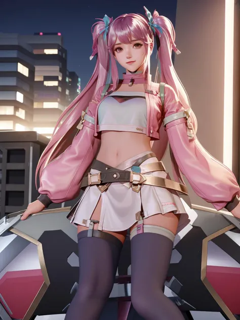 twintails, hair ornament, crop top,cityscape, night, standing, looking at viewer, long sleeves, puffy sleeves, choker, multicolored hair,jacket, navel,belt, thighhighs, long hair, skirt, standing, sitting,chair,bedroom, <lora:SUNSHANGXIANGchenwenXY_20230713232058-000015:0.8>