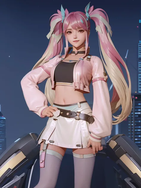 twintails, hair ornament, crop top,cityscape, night, standing, looking at viewer, long sleeves, puffy sleeves, choker, multicolored hair, jacket, navel,belt, thighhighs, long hair, skirt, standing, sitting,chair,bedroom, <lora:SUNSHANGXIANGchenwenXY_20230713232058-000015:0.8>