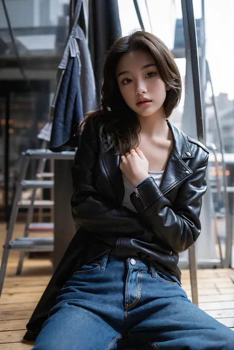 a 20 yo woman, dark theme, soothing tones, muted colors, leather jacket, jeans, high contrast, (natural skin texture, hyperrealism, soft light, sharp) upper body, in park, <lora:Francheska-01:1>