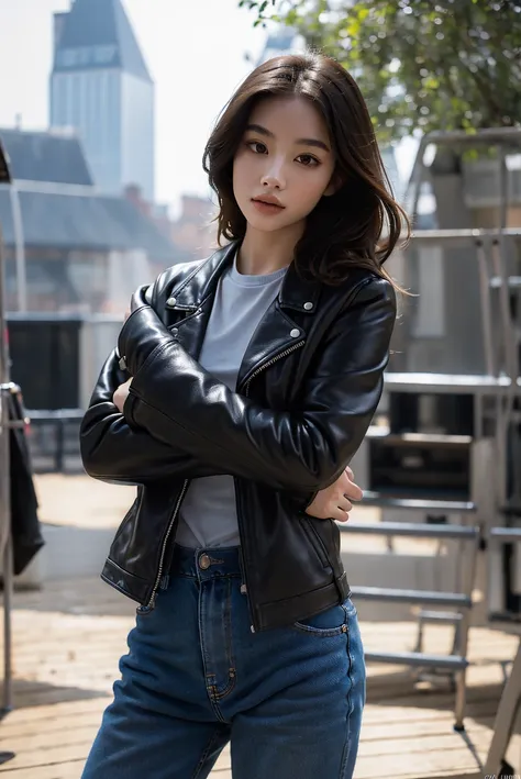 a 20 yo woman, dark theme, soothing tones, muted colors, leather jacket, jeans, high contrast, (natural skin texture, hyperrealism, soft light, sharp) upper body,  in park, <lora:Francheska-01:1>