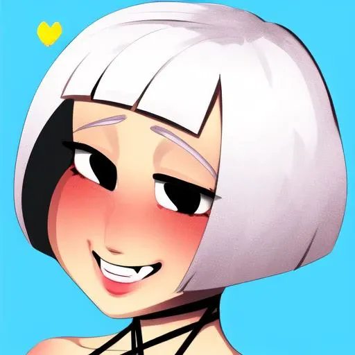 art by bikupan, 1girl, solo, short hair, white hair, black eyes, heart, blush, smile, criss-cross halter, portrait, halterneck, bare shoulders, bangs, blue background, parted lips, teeth, bob cut, close-up, looking to the side, green background, looking down, <hypernet:Bikupan_Faces 310 NS1221-18200:1>