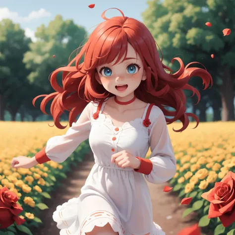 best quality, highly detailed, detailed background, overly cute, adorable, dangerously squeezable cheeks, girl, red hair, long hair, messy hair, blue eyes, freckles, dress, sleeved, orange highlights, joyful, running, (happy:0.8), outdoors, country, fields, summer, flowers, roses, fragrant, falling petals, trees, depth of field, blurry background