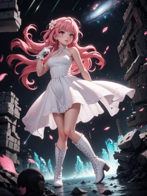 masterpiece, high quality, detailed background, (high contrast:1.1), (vector:1.3), vibrant, colorful, abstract, female, girl, (very long hair:1.3), multicolored hair, white (dress:1.1), pink frills, gloves, (corset:0.6), boots, dynamic view, night sky, BREAK, (cliffside:1.1), (swirls:1.3), lake, water, flower petals, reflective, large tower, ruins, gates, mountains, (floating:1.3) islands, (chaos:0.7), windy, dark, neon, bright shimmers, fractal, glowing (particles:1.2), (crystalized:1.2), cryptic, artifacts, (cataclysmic:1.1), (raining:1.2), shattered, dark, shadows, universe, galaxy, falling star, planets, space BREAK bloom, depth of field, high detail, absurdres, extremely detailed, rimlight, fish eye lens