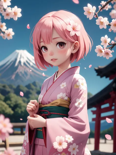 masterpiece, high quality, highly detailed, female, short hair, hairpin, kimono, spring blossoms, windy, open shrine, pink flower petals, mount fuji, depth of field, blurry background