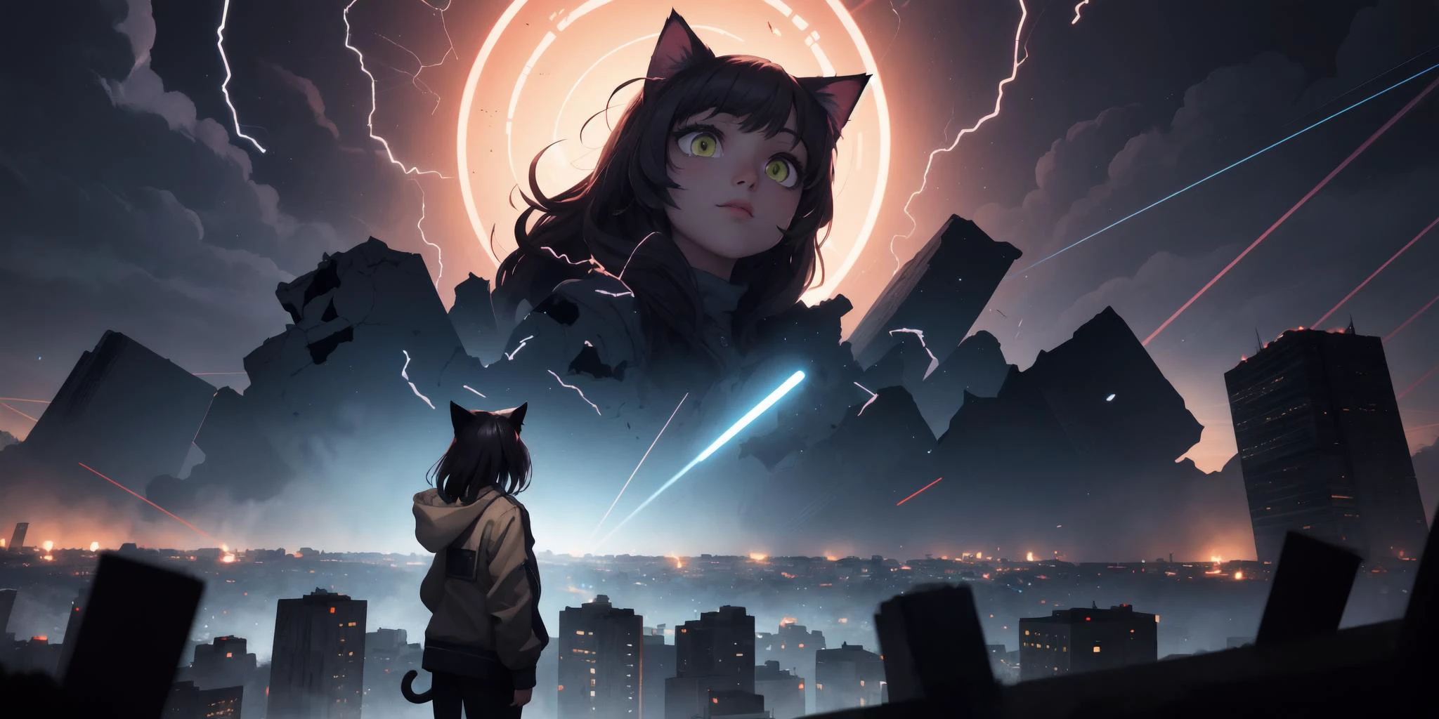 best quality, highly detailed, detailed background, cat ears, woman, jacket top, stoic, evangelical, swirling chaos, broken night skies, storm, shattered towering structures, shadow clouds, windy zoom, foreground dark vortex, nighttime, outdoors, face shot, close up, (vector art:0.6), (vectorized:0.7), (abstract:0.7) background, (depth of field:0.9), (vibrant:1.2)