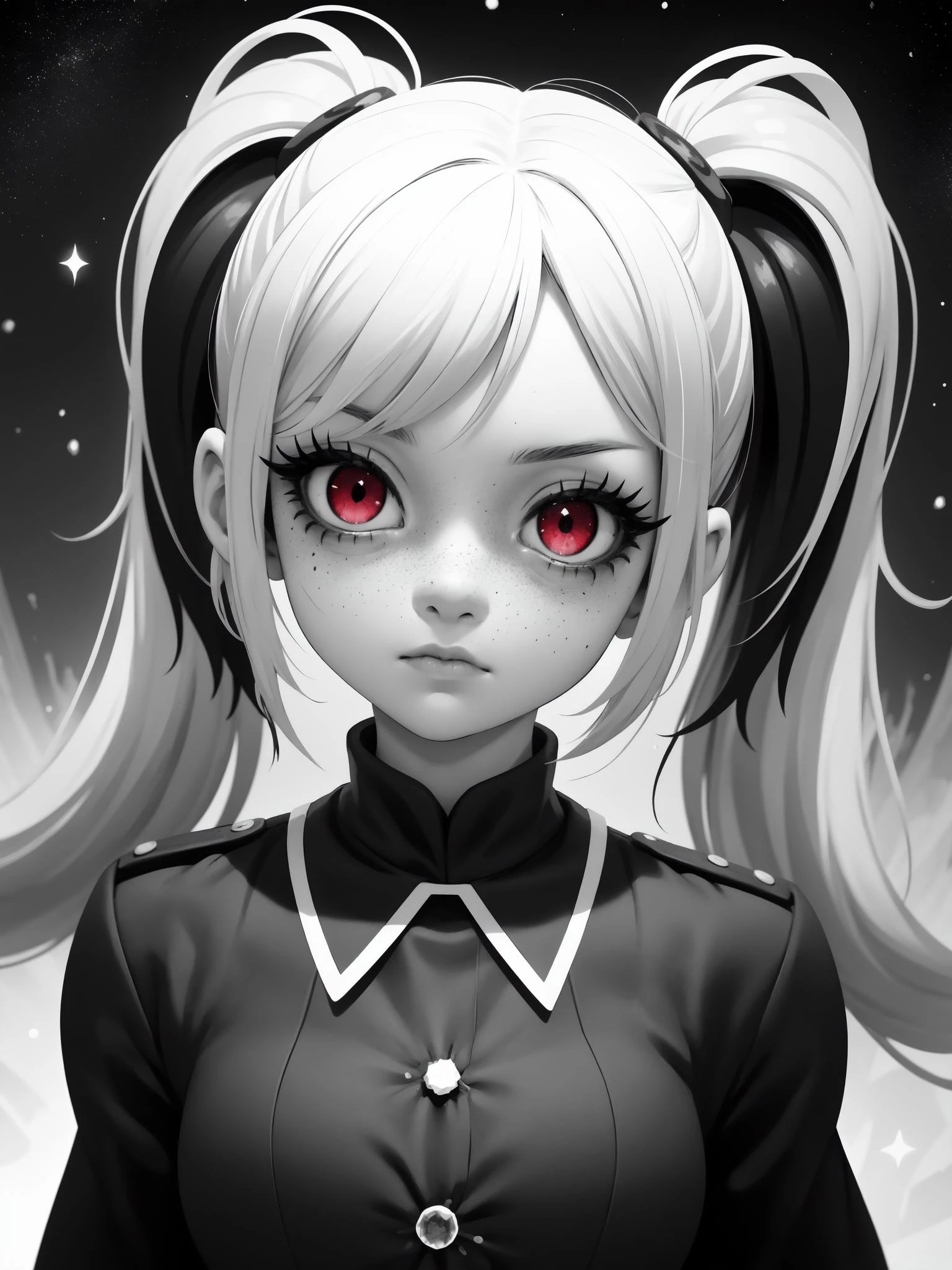 monochrome, black and white, best quality, highly detailed, detailed background, female, freckles, uniform, gothic, red eyes, heavy makeup, mascara, long hair twin tails, staring, (swirling:1.2), (stars:1.1), (bleeding:0.7), stoic, misty, (flame:0.8), headshot, portrait, upper body, distorted digital noise, crystalized, shattered fish eye lens