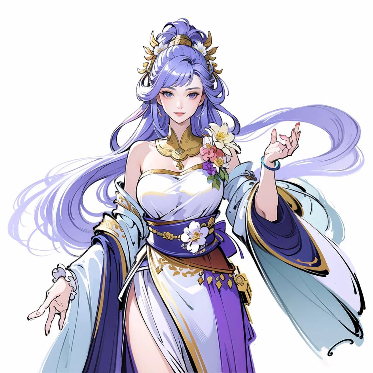 (masterpiece, top quality, best quality, official art, beautiful and aesthetic:1.2),(8k, best quality, masterpiece:1.2),(((simple white background,))),
A charming sexy lady with a modern happy emotion holds a box with flower,white hair,long hair,a blue robe,yellow ribbons,metal decorations,and violet flower decorations,<lora:å½é£å°å°äºåå¹´:0.49>,