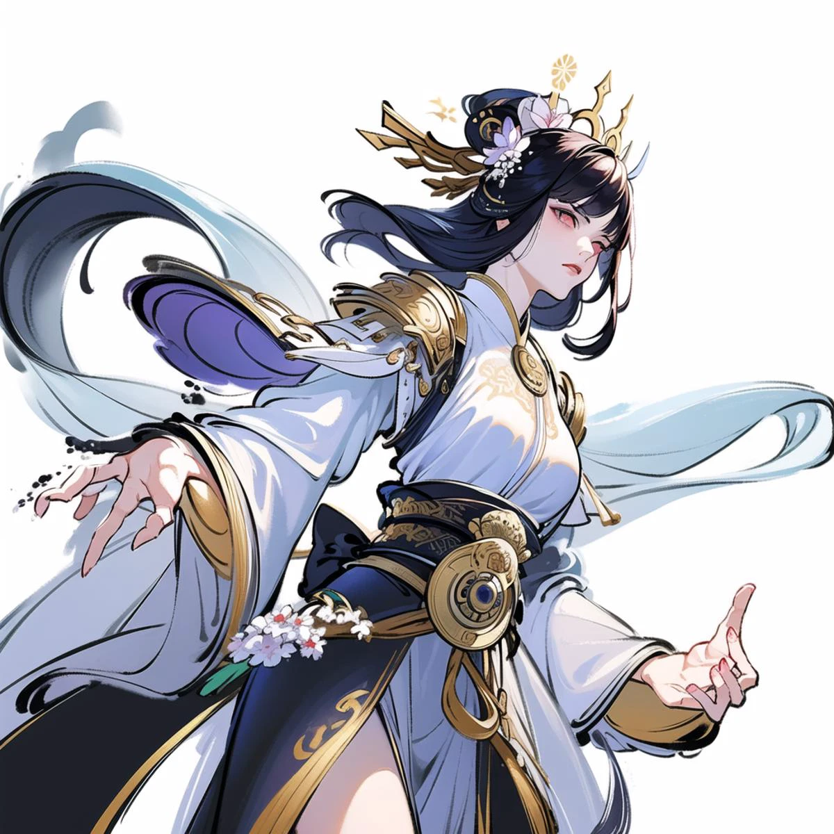 (masterpiece, top quality, best quality, official art, beautiful and aesthetic:1.2),(8k, best quality, masterpiece:1.2),(((simple white background,))),
Master of sword,A sexy charming ladyl with a modern angry emotion holds a chinese sword,white short hair,a black robe,white ribbons,metal decorations,and violet flower decorations,<lora:å½é£å°å°äºåå¹´:0.63>,