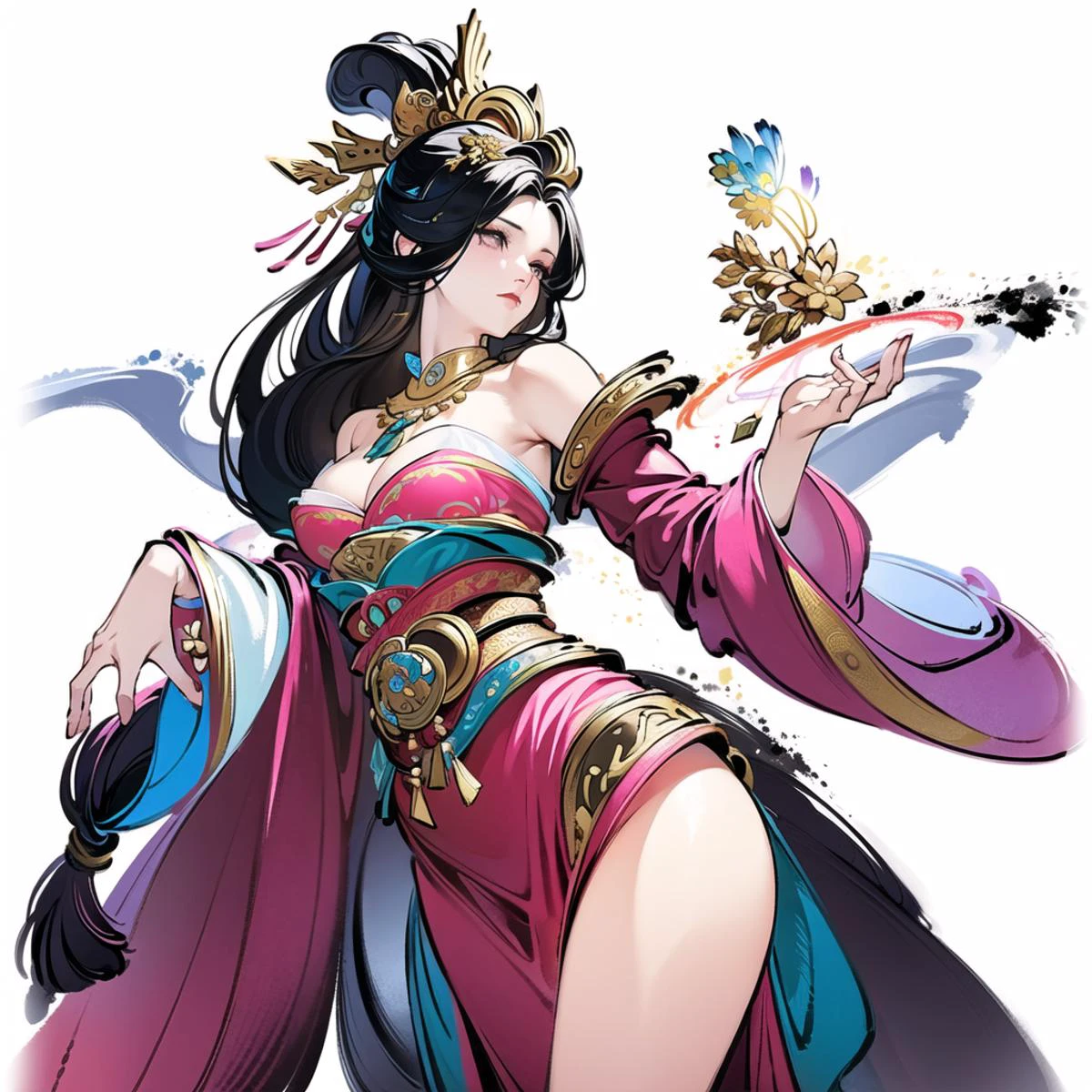 (masterpiece, top quality, best quality, official art, beautiful and aesthetic:1.2),(8k, best quality, masterpiece:1.2),(((simple white background,))),
A charming sexy lady with a modern sweet emotion holds a bunching of flower,black short hair,long hair,a blue robe,pink ribbons,metal decorations,and golden leaves decorations,<lora:å½é£å°å°äºåå¹´:0.7>,