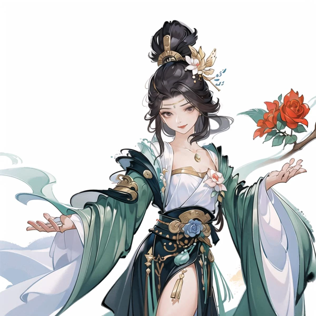 (masterpiece, top quality, best quality, official art, beautiful and aesthetic:1.2),(8k, best quality, masterpiece:1.2),(((simple white background,))),
Master of sword,A cute fancy girl with a modern smile emotion holds a fire feather,black short hair,a black robe,red ribbons,metal decorations,and rose flower decorations,<lora:å½é£å°å°äºåå¹´:0.7>,<lora:å½é£è§è²åæ¶:0.49>,<lora:å½é£è§è²å¤§è¯è¥¿æ¸¸:0.7>,