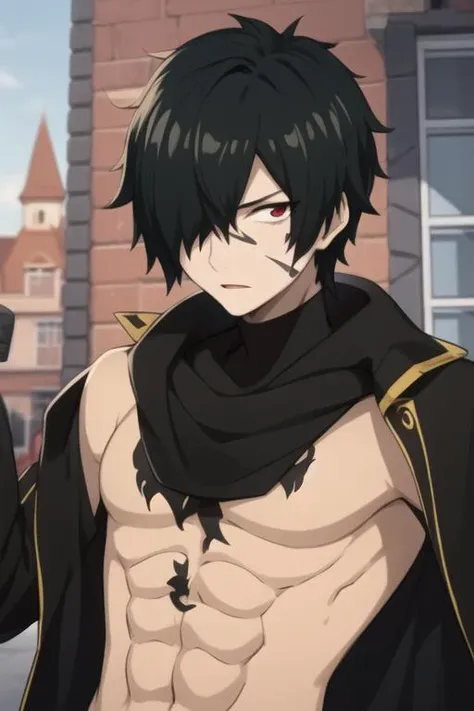 masterpiece, best quality, high quality, 1boy, solo, male focus, looking at viewer, upper body, <lora:rogue_cheney:0.70>, rogue_cheney, black hair, hair_over_one_eye, scar