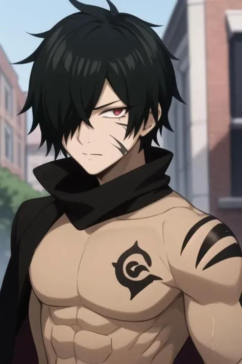 masterpiece, best quality, high quality, 1boy, solo, male focus, looking at viewer, upper body, <lora:rogue_cheney:0.70>, rogue_cheney, black hair, hair_over_one_eye, scar