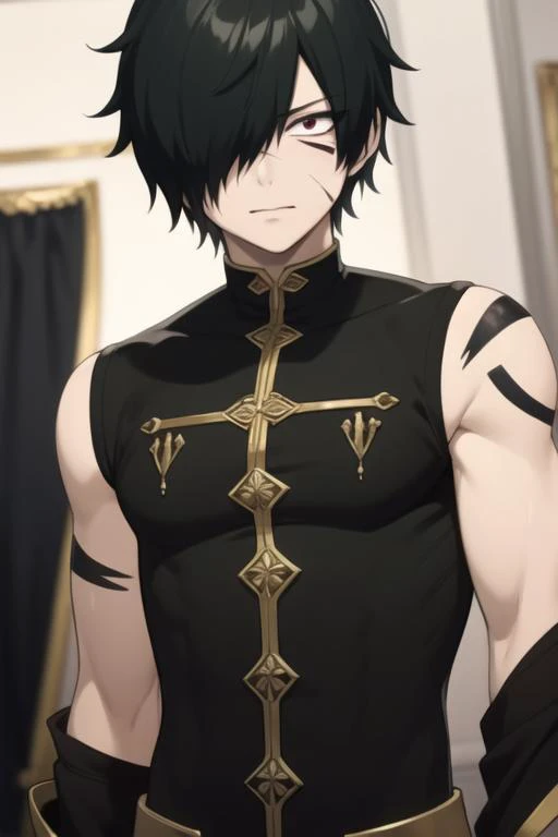masterpiece, best quality, high quality, 1boy, solo, male focus, looking at viewer, upper body, <lora:rogue_cheney:0.70>, rogue_cheney, black hair, hair_over_one_eye, scar