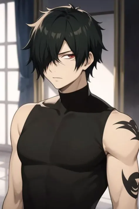 masterpiece, best quality, high quality, 1boy, solo, male focus, looking at viewer, upper body, <lora:rogue_cheney:0.70>, rogue_cheney, black hair, hair_over_one_eye, scar