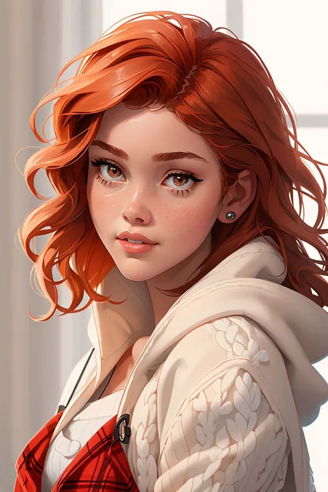portrait of DEN_heidi_romanova, (headshot:1.2) (face focus:1.2),
bold quiff with an undercut,
Twisted Cable Knit Plaid Print Hooded Sweater Mock Button Ruched Shawl Neck Sweater,
masterpiece, intricate, immaculate, detailed, high detail, ultra detailed, 8k,