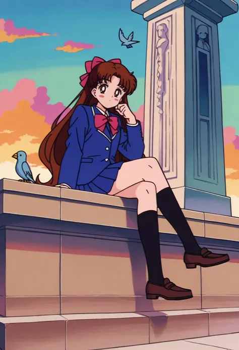 score_9, score_8_up,score_7_up, source_anime, rating_safe, ,brown footwear,afterimage,buddha,hair bow,long hair,red bow,sitting,1girl,blue skirt,blush stickers,jacket,blue jacket,highres,black socks,looking at viewer,solo,shoes,skirt,brown eyes,pigeon,loafers,bird,socks,animal,brown hair,pleated skirt,brown sky,statue,long sleeves,sunset,bow,yukimoto shuuji \(gurigura\),very long hair