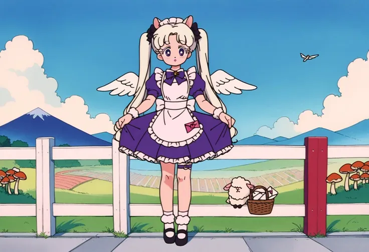 score_9, score_8_up,score_7_up, source_anime, rating_safe, 1girl, ,twintails,pom pom \(clothes\),purple dress,outdoors,holding,mary janes,white apron,dress,animal ears,hill,sheep ears,sky,full body,dated,short sleeves,neck bell,white leg warmers,two-tone background,shoes,white hair,puffy sleeves,looking at viewer,basket,frilled dress,pink lips,wings,blue background,bell,envelope,maid headdress,cartoon wings,puffy short sleeves,purple eyes,short twintails,two side up,white wings,fence,letter,white bow,hair ornament,blue sky,pocket,short dress,teeth,thigh strap,frilled sleeves,white background,frilled apron,white bowtie,holding envelope,black bow,makeup,angel wings,mugoa mugo,very long hair,two-sided fabric,short hair,light blush,colored eyelashes,two-sided dress,mountain,highres,day,bowtie,lamb,apron,lipstick,purple bow,fur strap,white arm warmers,cloud,wavy hair,standing,long hair,parted lips,love letter,black footwear,mushroom,bow,chibi,sheep,pom pom hair ornament,frills