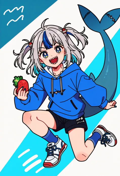 score_9, score_8_up,score_7_up, source_anime, rating_safe, ,shoes,highres,absurdres,strawberry,blue eyes,looking at viewer,sharp teeth,blue hoodie,virtual youtuber,tail,upper teeth only,bloop \(gawr gura\),medium hair,food,teeth,smile,anywhere knock,grey hair,fins,shark tail,shark girl,hololive,hood,socks,streaked hair,sneakers,1girl,white footwear,multicolored hair,hoodie,gawr gura,open mouth,blue hair,two side up,hololive english,fish tail,blue socks,fruit,gawr gura \(1st costume\)