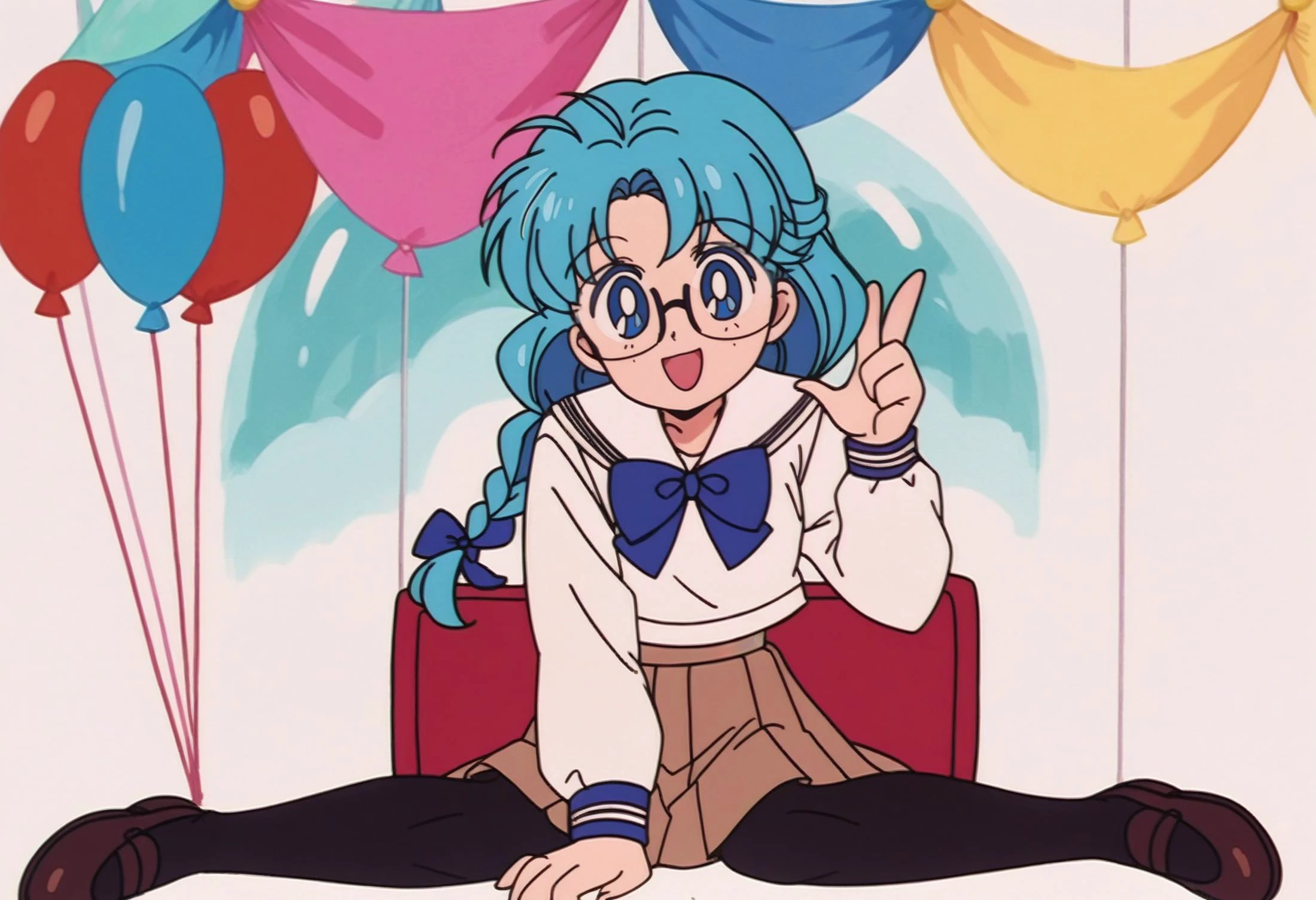 score_9, score_8_up,score_7_up, source_anime, rating_safe, 1girl, ,skirt,black-framed eyewear,semi-rimless eyewear,hair ornament,dated,sitting,black pantyhose,white sailor collar,shirt,blue bow,hair ribbon,white background,rectangular eyewear,pantyhose,ribbon,long sleeves,maruyama akane,braid,blue hair,22/7,school uniform,single braid,sailor collar,brown skirt,bow,bowtie,solo,kisairo kaede,happy birthday,highres,blue eyes,pleated skirt,under-rim eyewear,absurdres,white shirt,serafuku,wariza,light blue hair,blue bowtie